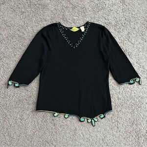 Prima Bella Black Knit Embroidered Beaded Shirt Womens L